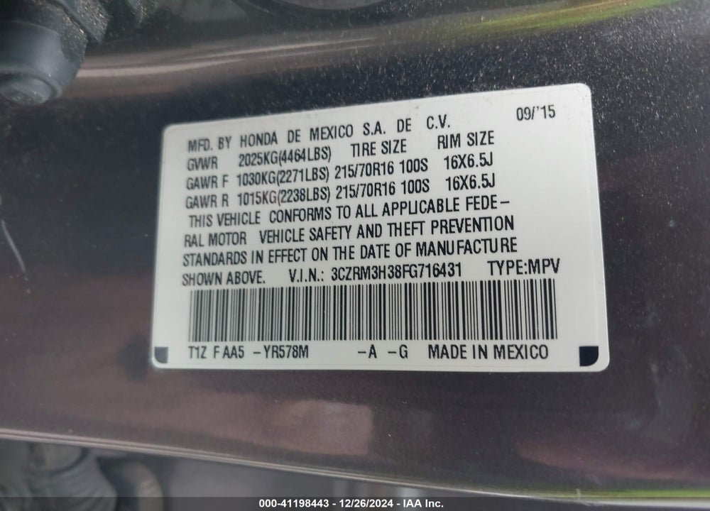 2015 HONDA CR-V LX VIN: 3CZRM3H38FG716431