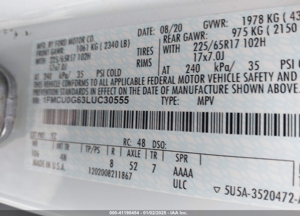 2020 FORD ESCAPE SE VIN: 1FMCU0G63LUC30555