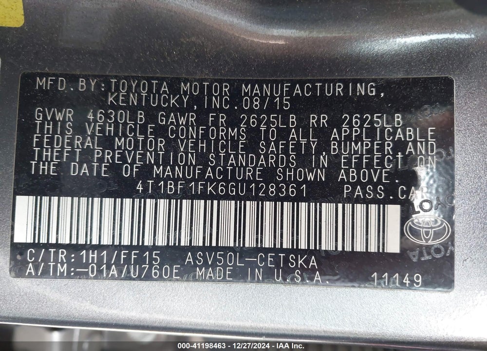 2016 TOYOTA CAMRY SE VIN: 4T1BF1FK6GU128361