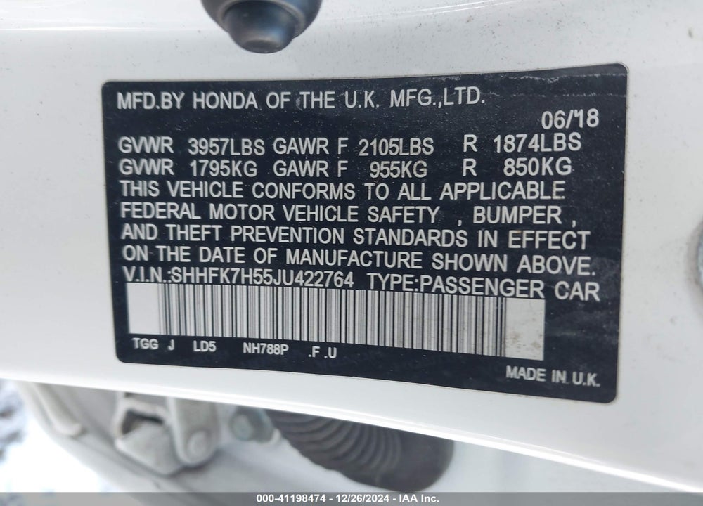 2018 HONDA CIVIC EX VIN: SHHFK7H55JU422764
