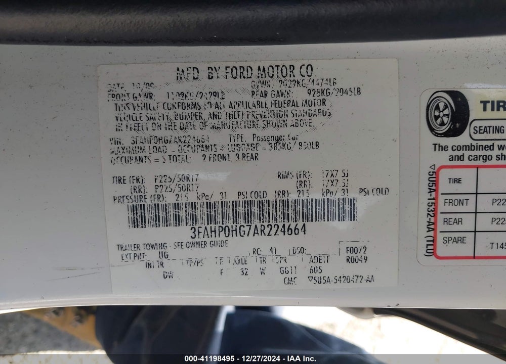 2010 FORD FUSION SE VIN: 3FAHP0HG7AR224664