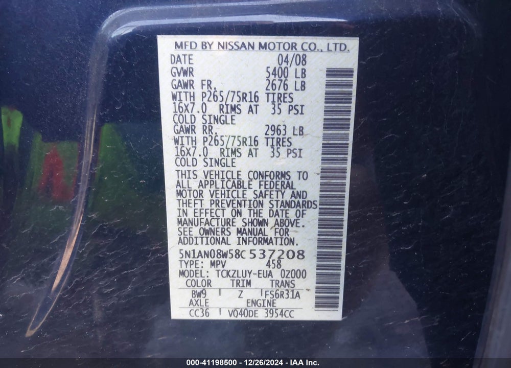 2008 NISSAN XTERRA OFF ROAD VIN: 5N1AN08W58C537208