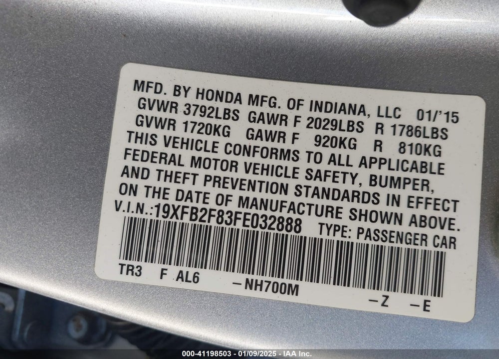 2015 HONDA CIVIC EX VIN: 19XFB2F83FE032888