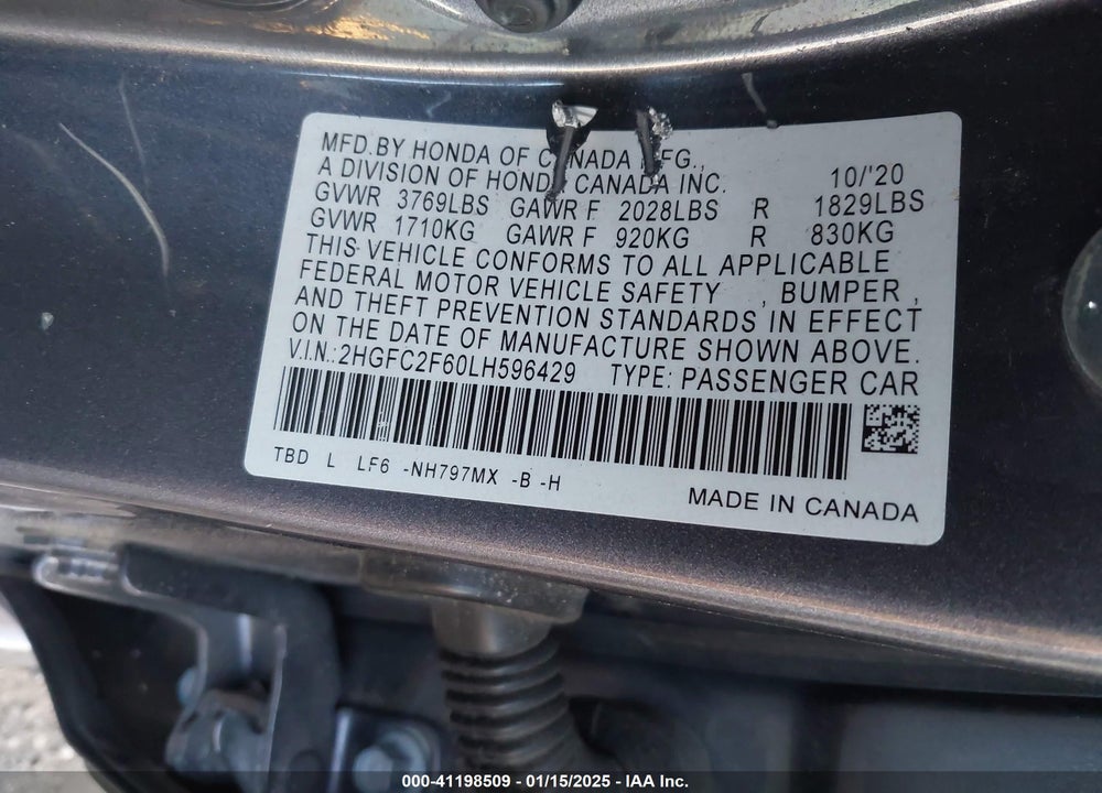 2020 HONDA CIVIC VIN: 2HGFC2F60LH596429