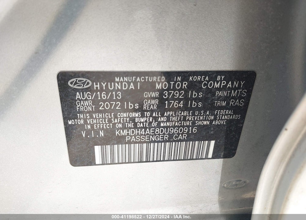 2013 HYUNDAI ELANTRA VIN: KMHDH4AE8DU960916