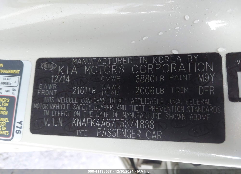2015 KIA FORTE LX VIN: KNAFK4A67F5374838