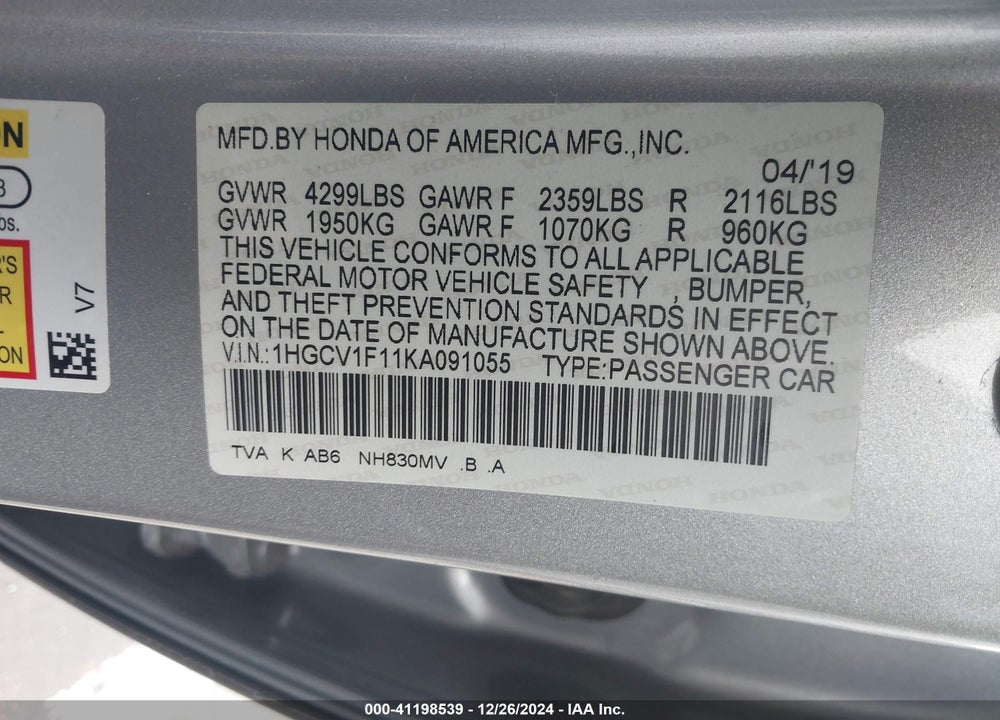 2019 HONDA ACCORD LX VIN: 1HGCV1F11KA091055