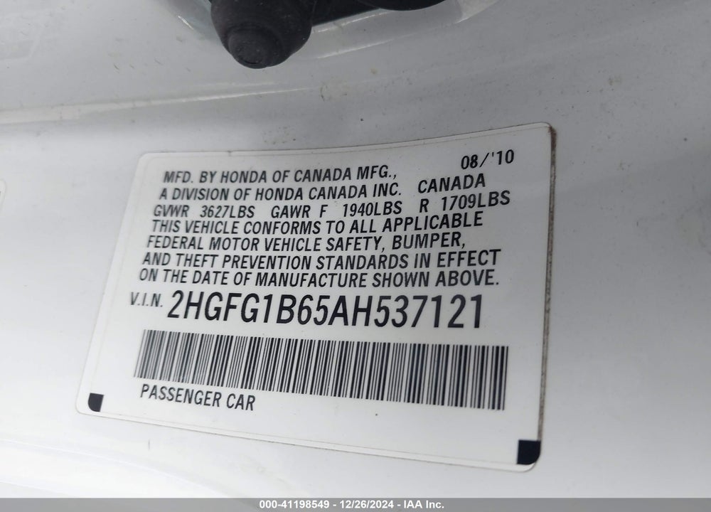 2010 HONDA CIVIC VIN: 2HGFG1B65AH537121
