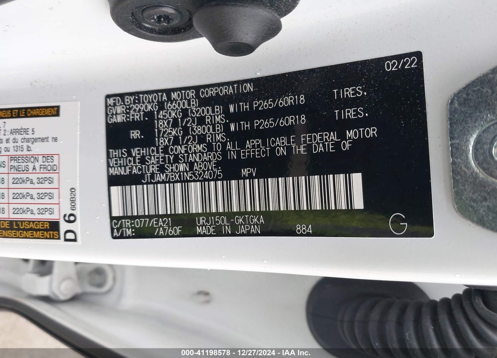 2022 LEXUS GX 460 PREMIUM VIN: JTJAM7BX1N5324075