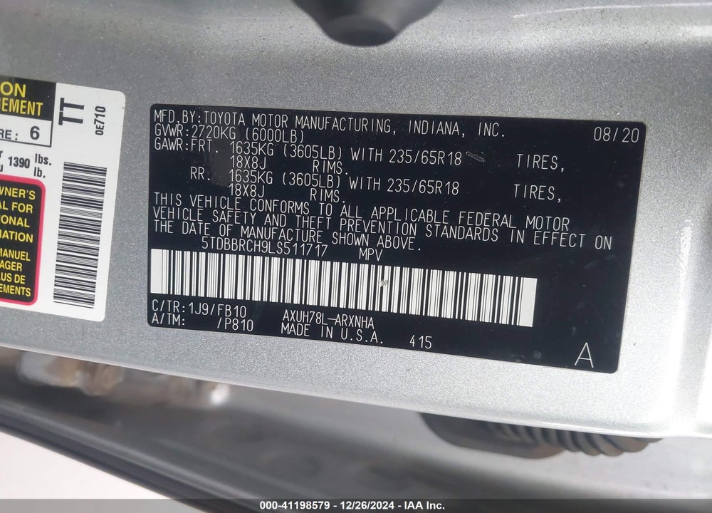 2020 TOYOTA HIGHLANDER VIN: 5TDBBRCH9LS511717