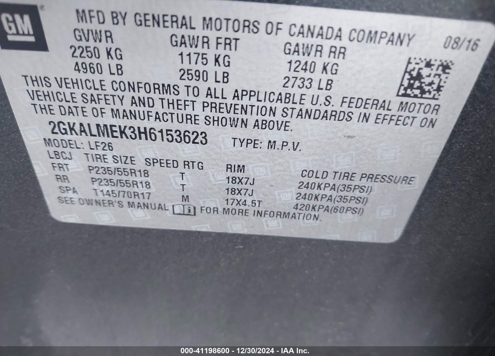 2017 GMC TERRAIN SLE-1 VIN: 2GKALMEK3H6153623
