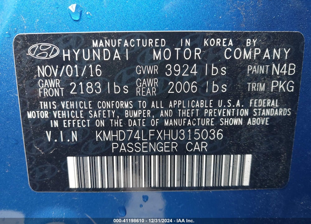 2017 HYUNDAI ELANTRA SE VIN: KMHD74LFXHU315036