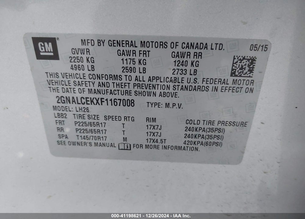 2015 CHEVROLET EQUINOX 2LT VIN: 2GNALCEKXF1167008