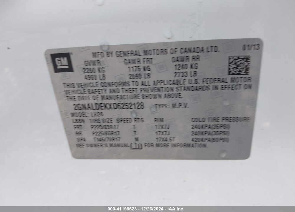 2013 CHEVROLET EQUINOX 1LT VIN: 2GNALDEKXD6252128