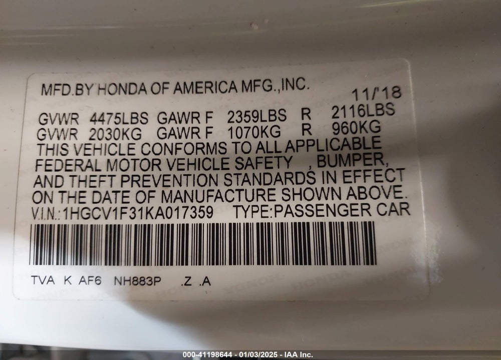 2019 HONDA ACCORD SPORT VIN: 1HGCV1F31KA017359