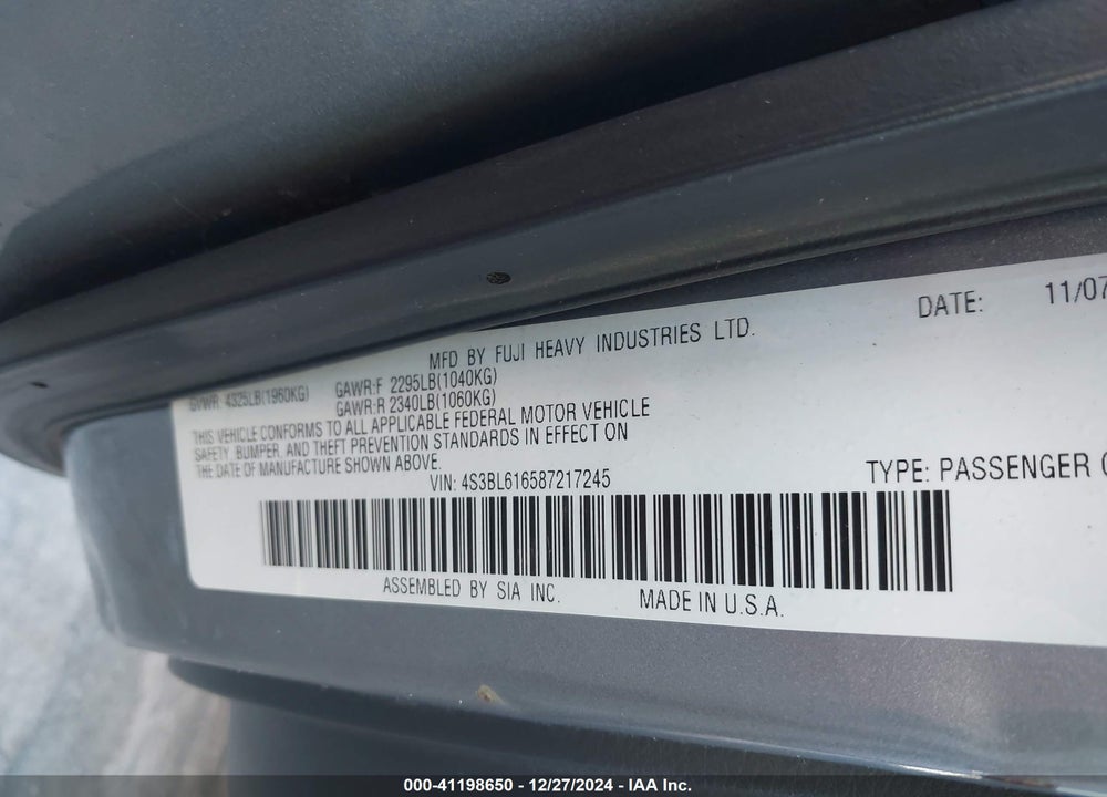 2008 SUBARU LEGACY 2.5I VIN: 4S3BL616587217245