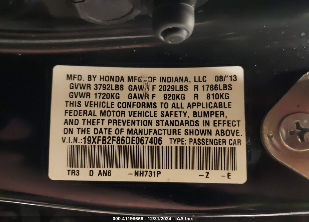 2013 HONDA CIVIC EX VIN: 19XFB2F86DE067406