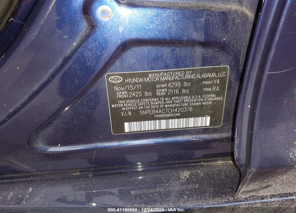 2012 HYUNDAI SONATA VIN: 5NPEB4AC7CH420376