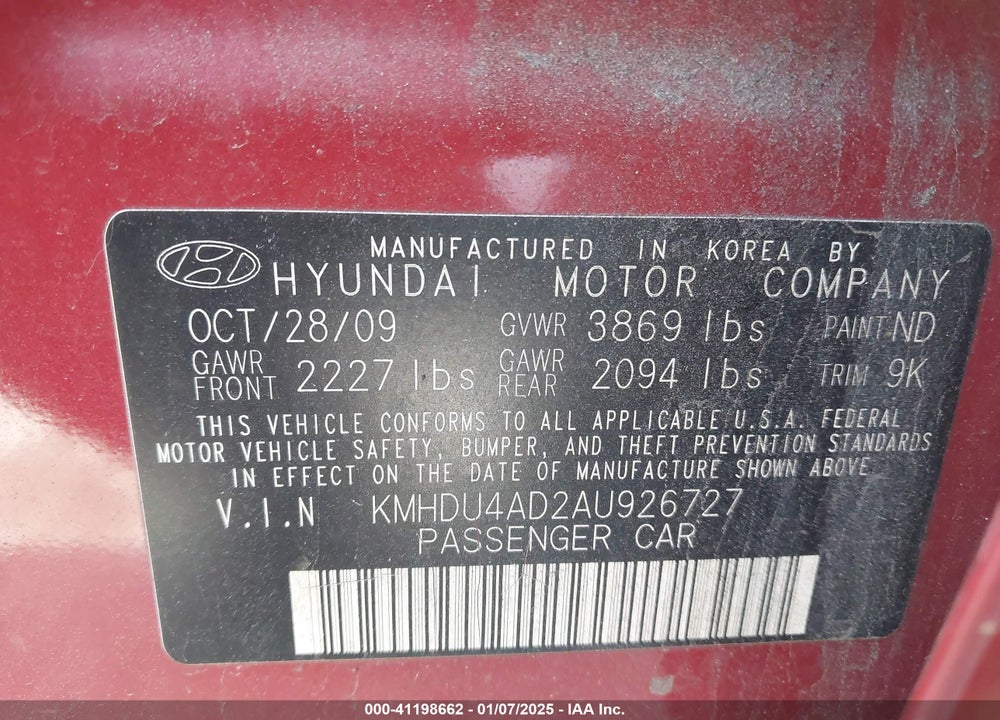 2010 HYUNDAI ELANTRA VIN: KMHDU4AD2AU926727
