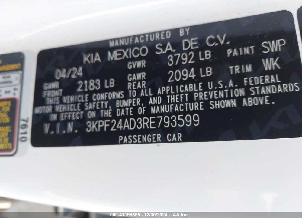 2024 KIA FORTE VIN: 3KPF24AD3RE793599