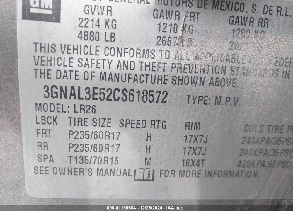 2012 CHEVROLET CAPTIVA SPORT LT VIN: 3GNAL3E52CS618572