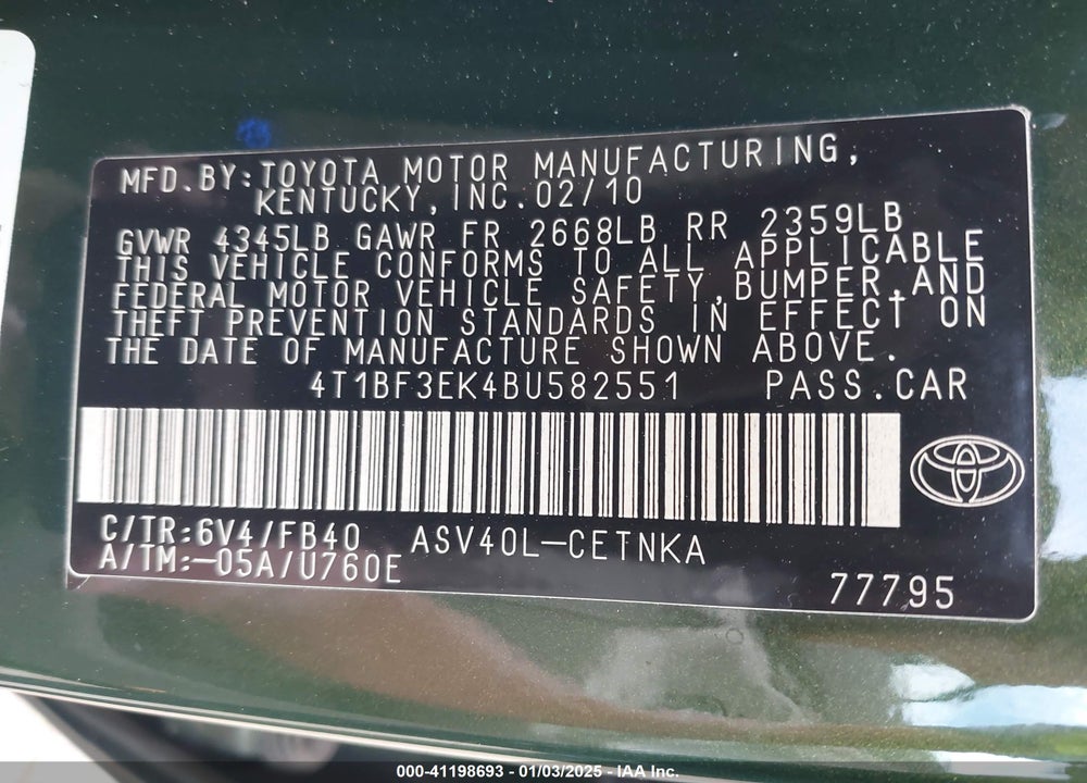 2011 TOYOTA CAMRY LE VIN: 4T1BF3EK4BU582551