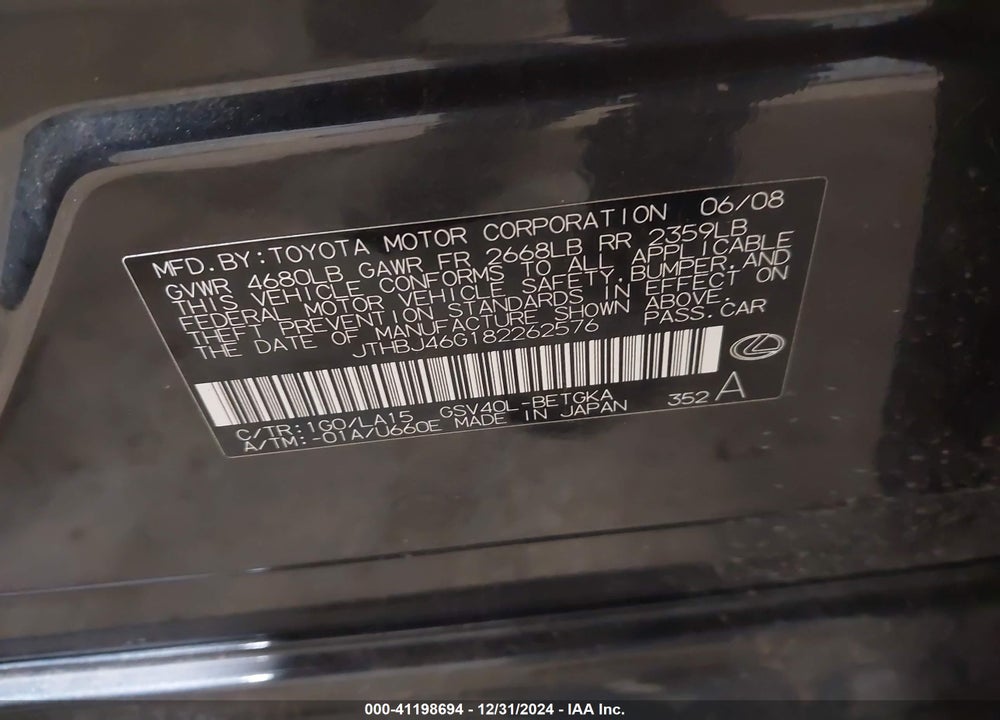 2008 LEXUS ES VIN: JTHBJ46G182262576