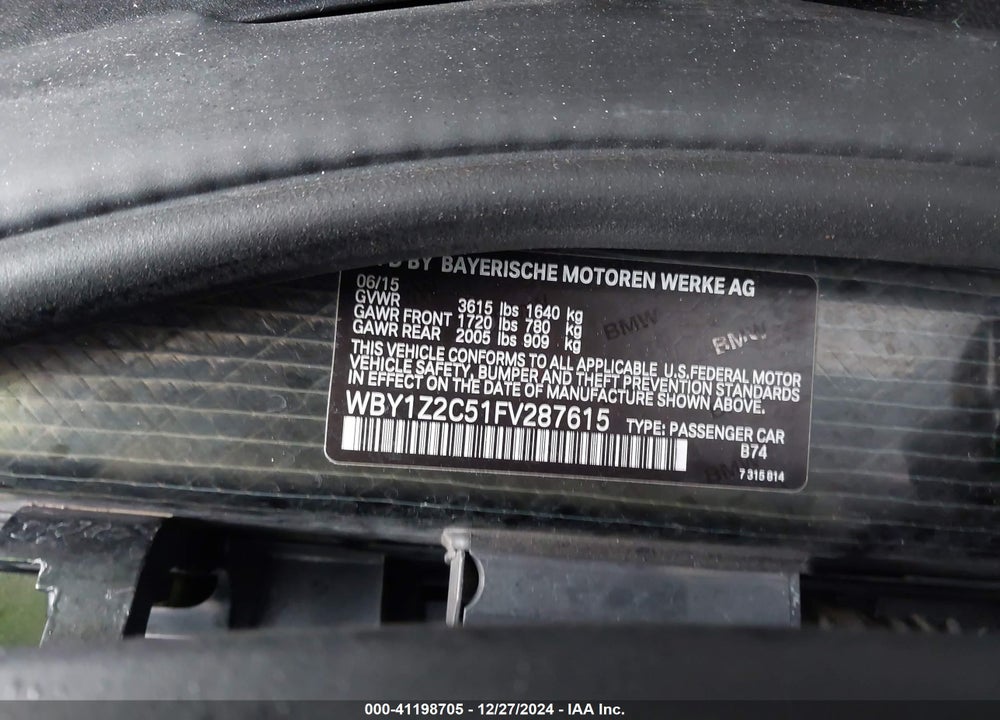 2015 BMW I3 VIN: WBY1Z2C51FV287615