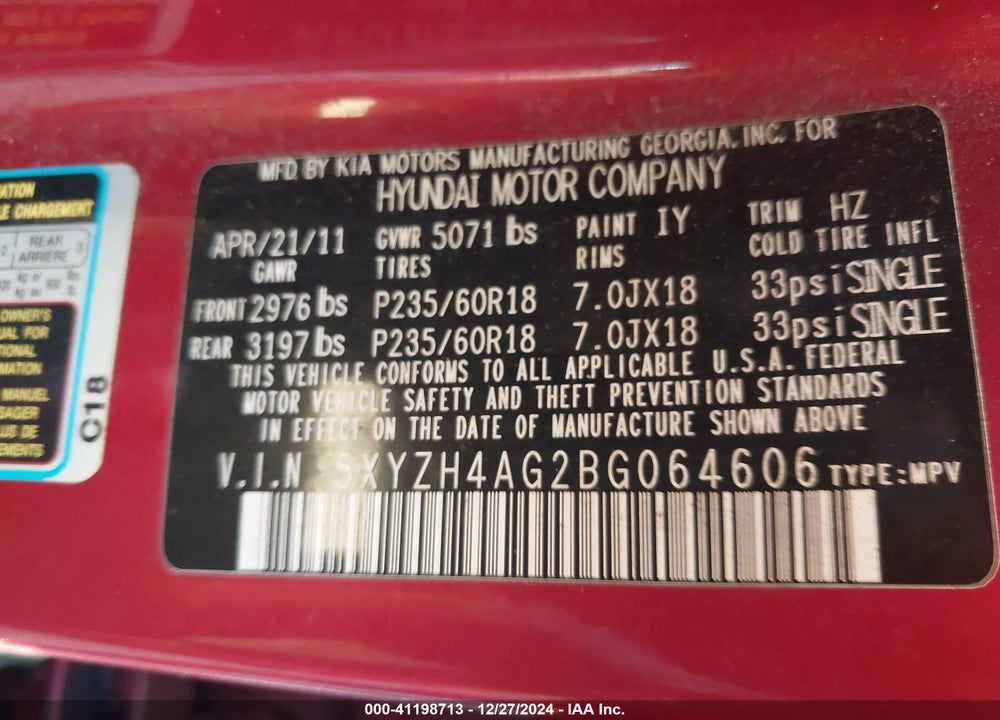 2011 HYUNDAI SANTA FE SE VIN: 5XYZH4AG2BG064606