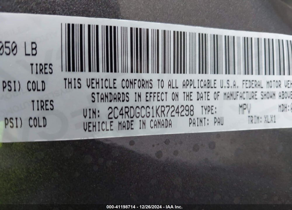 2019 DODGE GRAND CARAVAN SXT VIN: 2C4RDGCG1KR724298