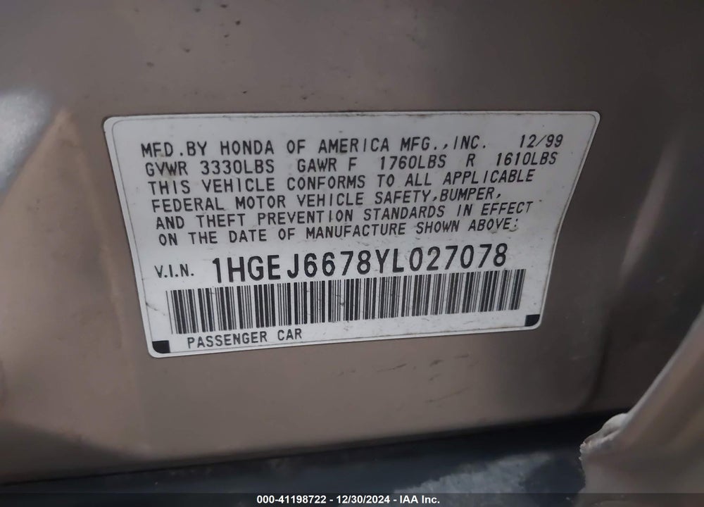 2000 HONDA CIVIC LX VIN: 1HGEJ6678YL027078