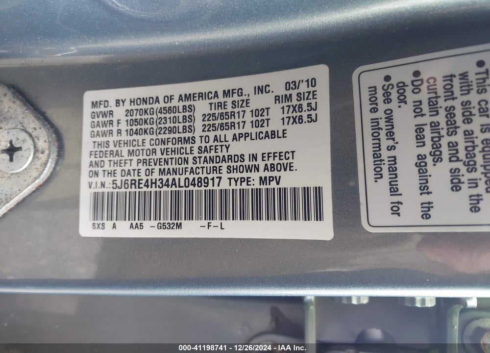 2010 HONDA CR-V LX VIN: 5J6RE4H34AL048917