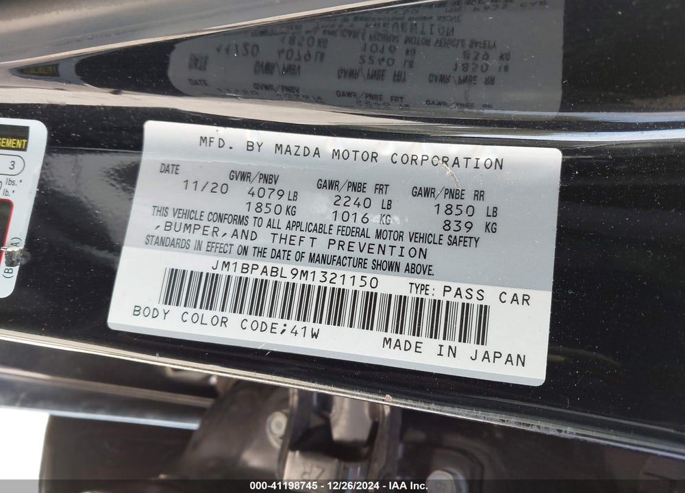 2021 MAZDA 3 VIN: JM1BPABL9M1321150
