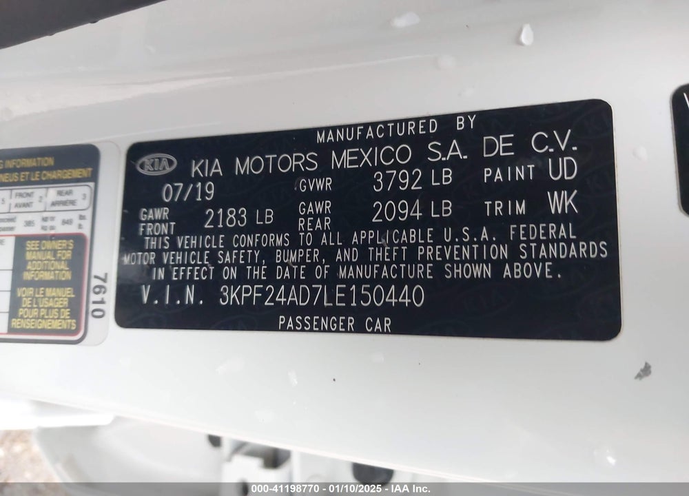 2020 KIA FORTE VIN: 3KPF24AD7LE150440