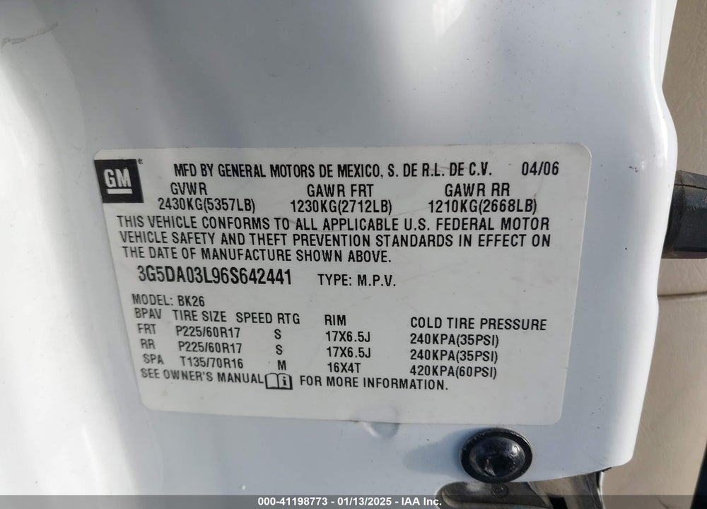 2006 BUICK RENDEZVOUS CX VIN: 3G5DA03L96S642441