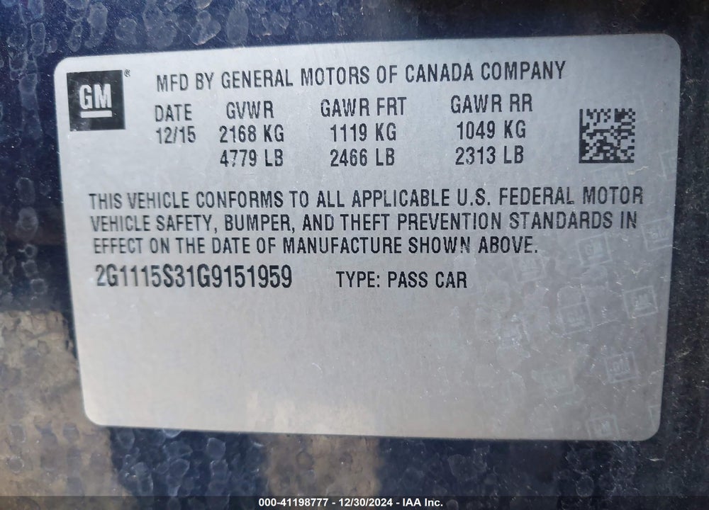 2016 CHEVROLET IMPALA 2LT VIN: 2G1115S31G9151959