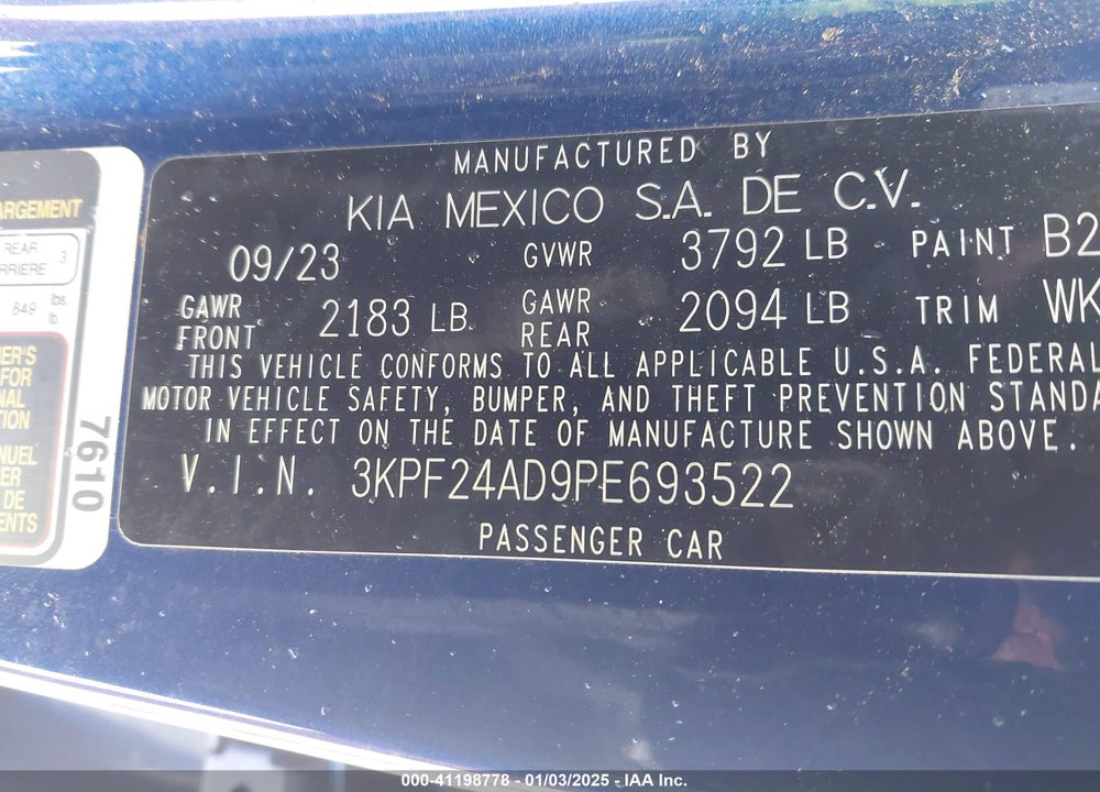 2023 KIA FORTE VIN: 3KPF24AD9PE693522