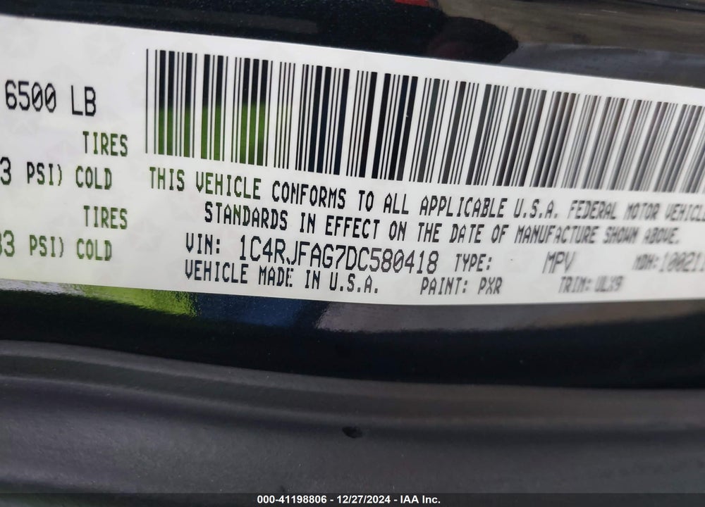2013 JEEP GRAND CHEROKEE LAREDO VIN: 1C4RJFAG7DC580418