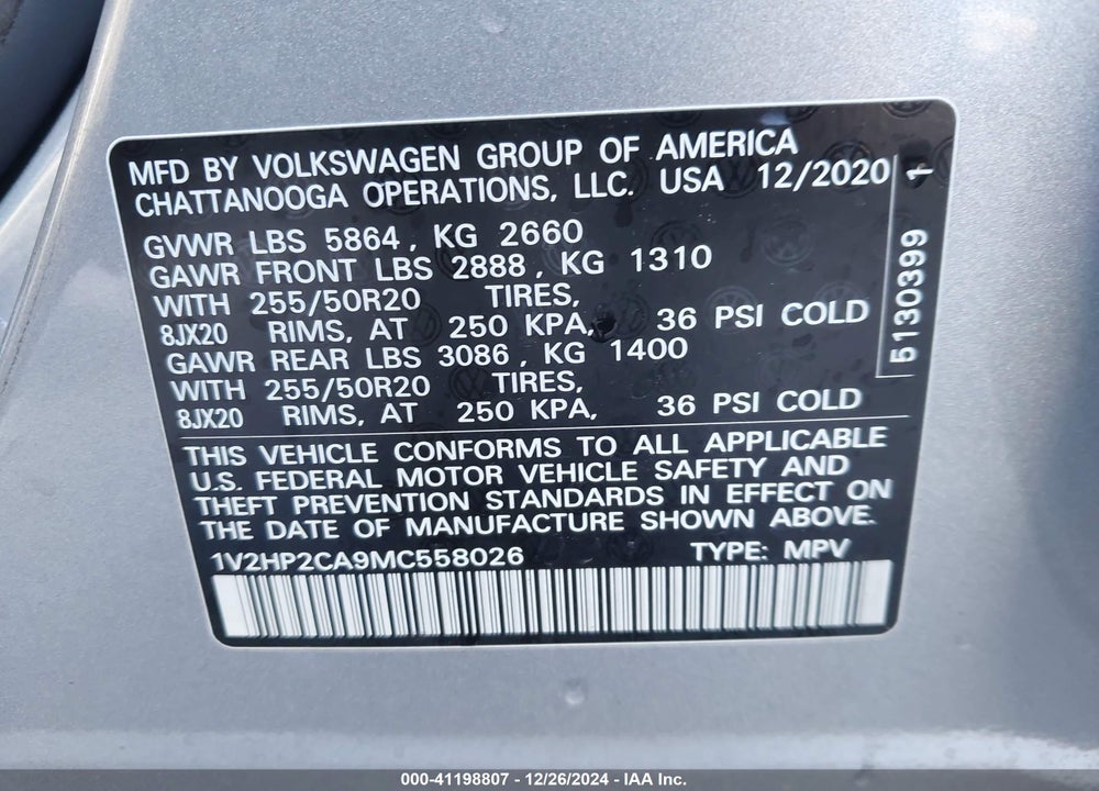 2021 VOLKSWAGEN ATLAS VIN: 1V2HP2CA9MC558026