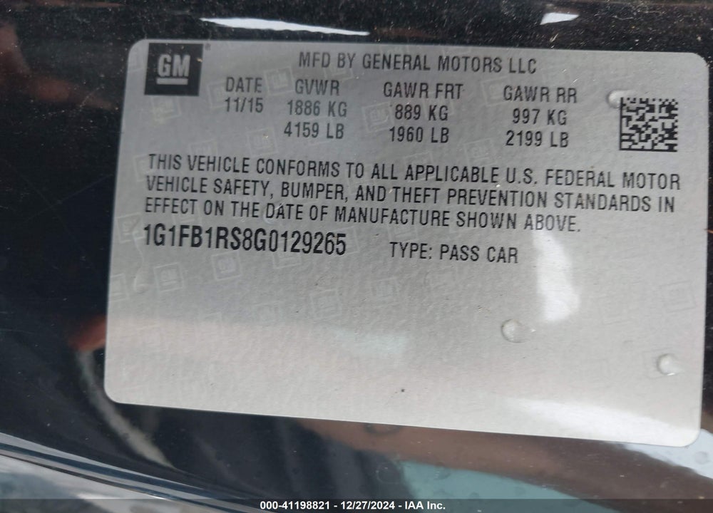2016 CHEVROLET CAMARO 1LT VIN: 1G1FB1RS8G0129265