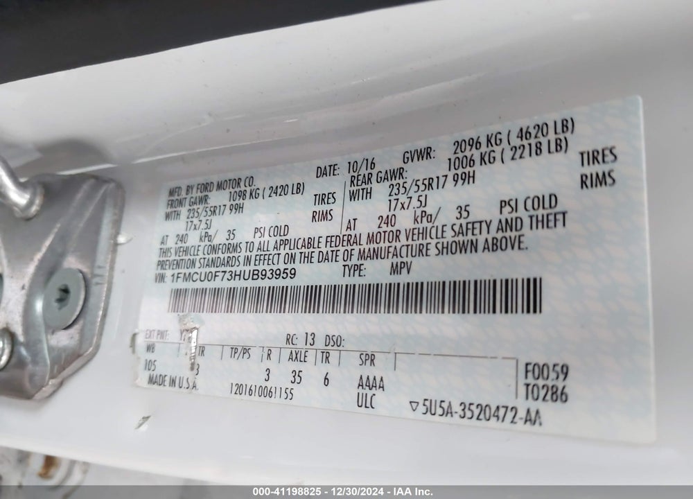 2017 FORD ESCAPE S VIN: 1FMCU0F73HUB93959