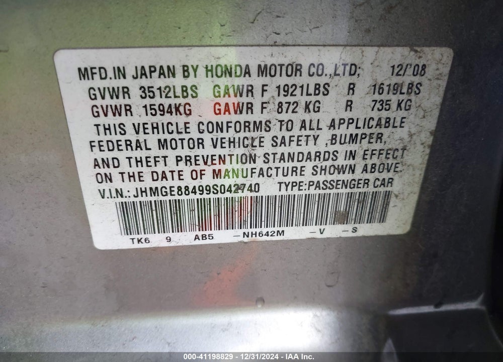 2009 HONDA FIT SPORT VIN: JHMGE88499S042740