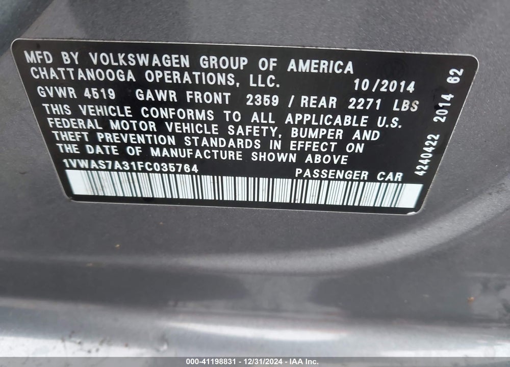 2015 VOLKSWAGEN PASSAT 1.8T S VIN: 1VWAS7A31FC035764