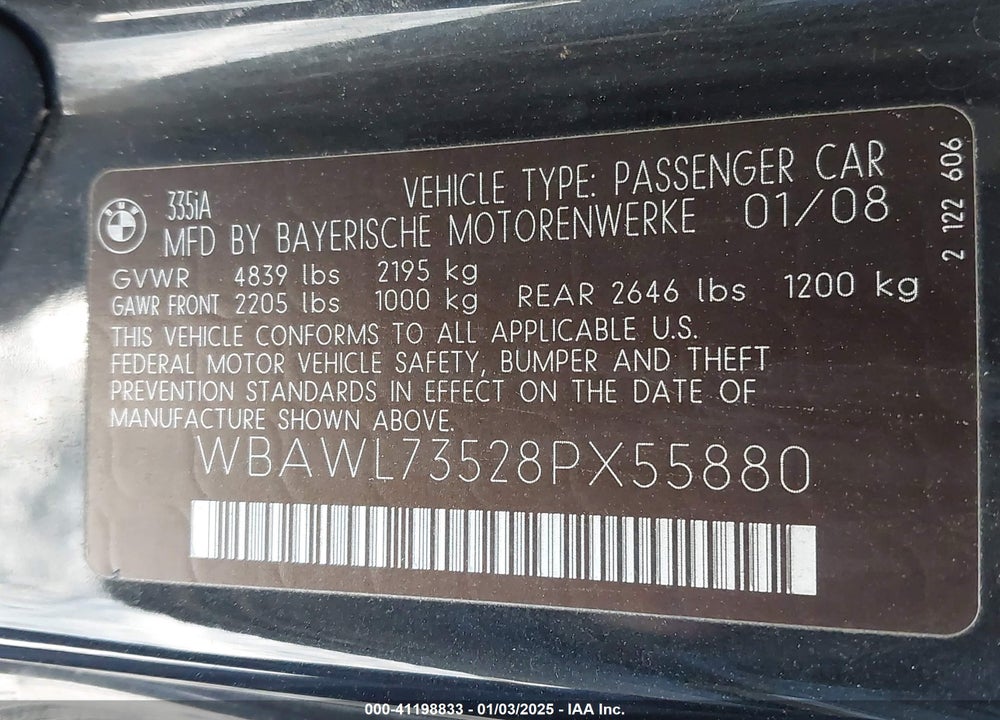 2008 BMW 335I VIN: WBAWL73528PX55880