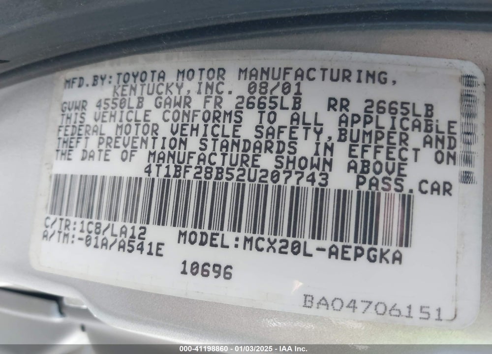 2002 TOYOTA AVALON XLS VIN: 4T1BF28B52U207743