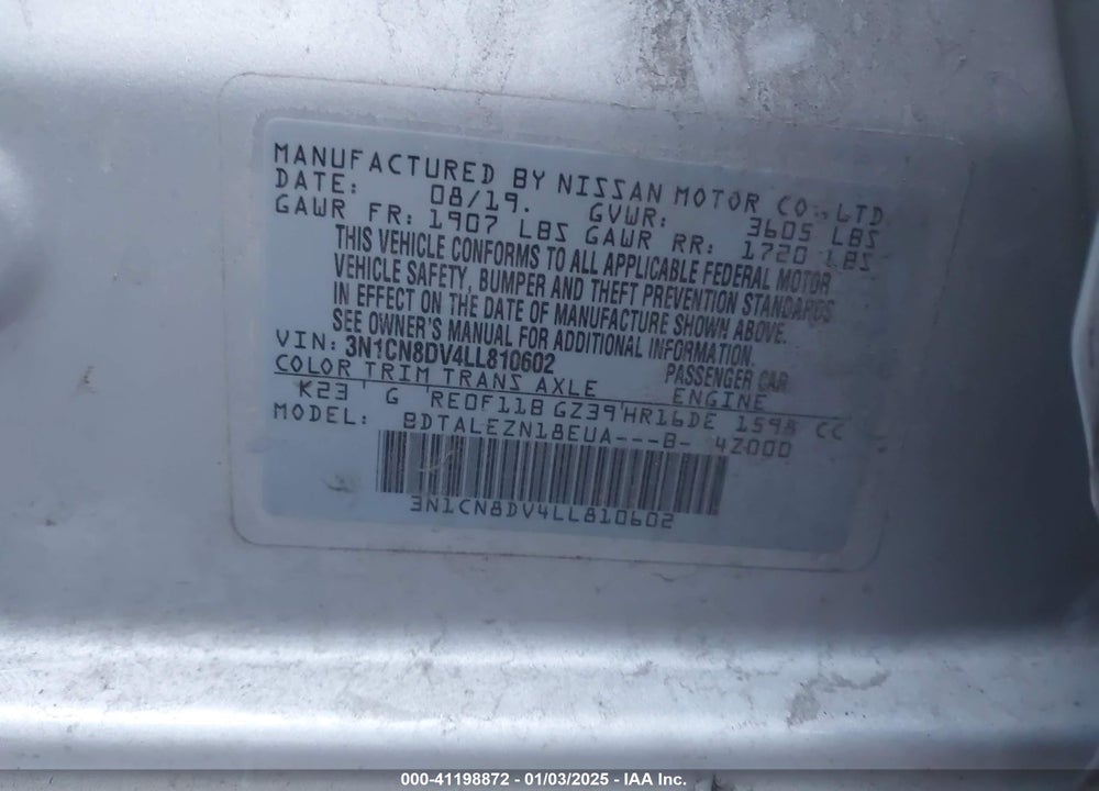 2020 NISSAN VERSA VIN: 3N1CN8DV4LL810602