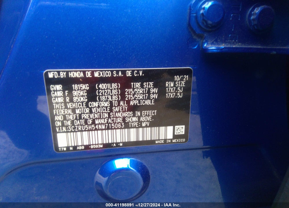 2022 HONDA HR-V 2WD EX VIN: 3CZRU5H54NM715063