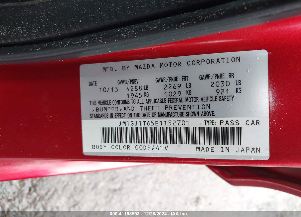 2014 MAZDA MAZDA6 VIN: JM1GJ1T65E1152701