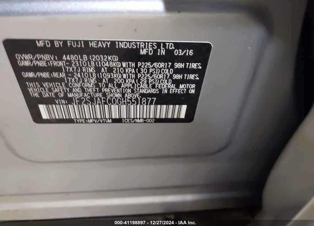 2016 SUBARU FORESTER 2.5I PREMIUM VIN: JF2SJAFC0GH551877