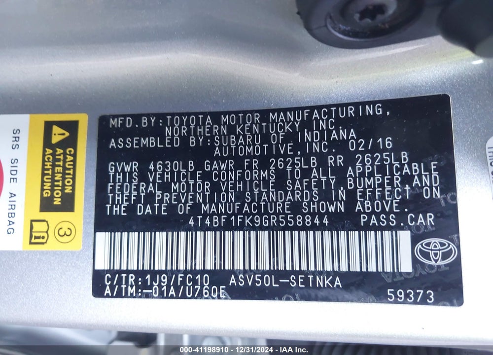 2016 TOYOTA CAMRY VIN: 4T4BF1FK9GR558844
